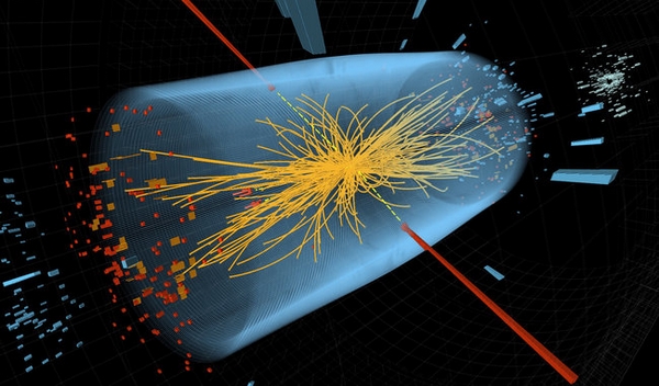 粒子在对撞机里相撞场景的模拟图，由 C.M.S. 研究团队提供（法新社 / 盖蒂图片社）