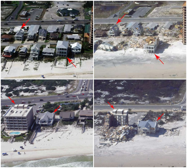 图中所示为2004年“伊万”飓风带来的风暴涌浪袭击美国阿拉巴马州奥兰治海滩前后的状况。图中的红箭头都指向了对比图片中在不同时间的相同位置，两套图片都显示出了毁灭性的破坏。（图片来源：geology.com）