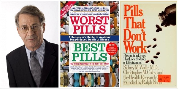 西德尼 · M · 沃尔夫博士及其著作中的两本，《好药坏药》（中）和《没用的药》（右），专门分析市面上销售药品的成分以及药效。两书在当时都广受好评，其中《好药坏药》还出了续编，对后来上市的新药进行品评。