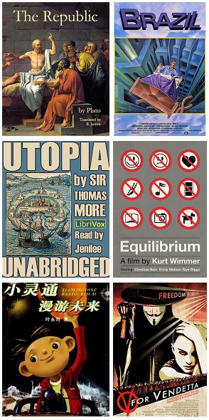 左列为乌托邦的书《理想国》、《乌托邦》、《小灵通漫游未来》；右列为反乌托邦电影《异想天开》、《撕裂的末日》、《V字仇杀队》。