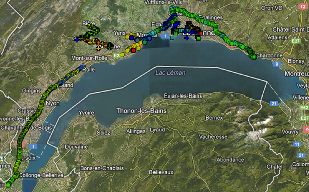 三名用户在瑞士日内瓦湖畔行动的GPS跟踪记录图