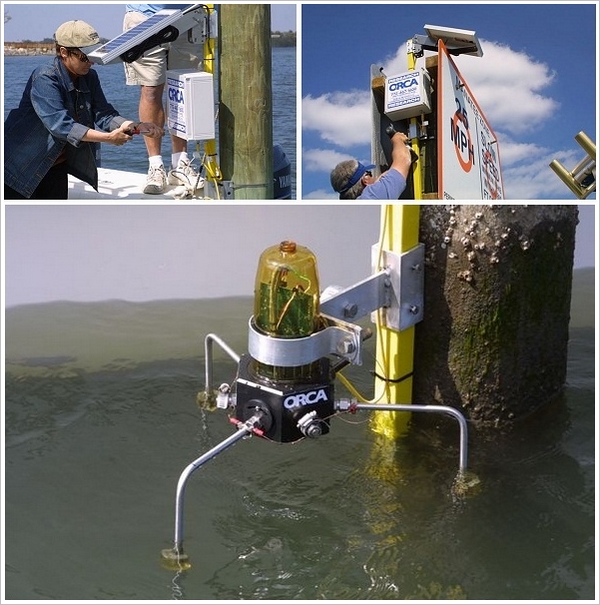 维德博士设计的无线海洋生态监测器 “基尔罗伊”（Kilroy），用于测定水深、水流、水速、湿度、温度等因素。这套系统适用地形广，使用太阳能供电，可以全天 24 小时工作。图为维德博士正在安装调试一套基尔罗伊系统，下图是该系统用于数据测量和收集的探测仪部分。（图片：explore.wingsworldquest.org）
