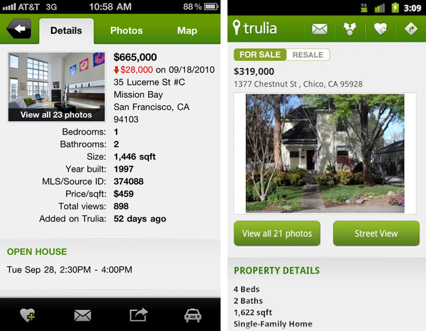 左边是房地产搜索引擎Trulia的iOS版应用，其中有细节、照片、地图等标签，但在右边的安卓版应用上就没有了这样明确的分类。