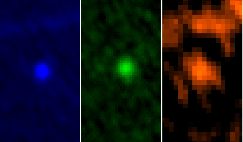 赫歇尔望远镜拍摄的毁神星红外照片，天文学家据此发现，这颗小行星比原先预想的更大。来源： ESA/Herschel/PACS/MACH-11/MPE/B.Altieri (ESAC) and C. Kiss (Konkoly Observatory)