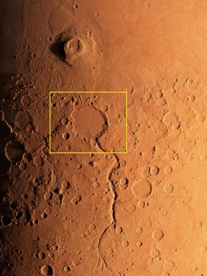 NWA7034的构造成分与勇气号火星探测器在古谢夫环形山（图中黄框标识出的大坑，直径90公里）上所发现的岩石比较类似。 图片：DETLEV VAN RAVENSWAAY/SCIENCE PHOTO LIBRARY
