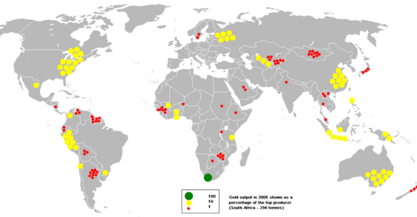 2005年全球黄金产量分布图，在2007年，中国取代南非成为全球最大的黄金生产国。这也是自1905年以来，南非首度从黄金生产国的榜首位置掉下。  图/Wiki commons