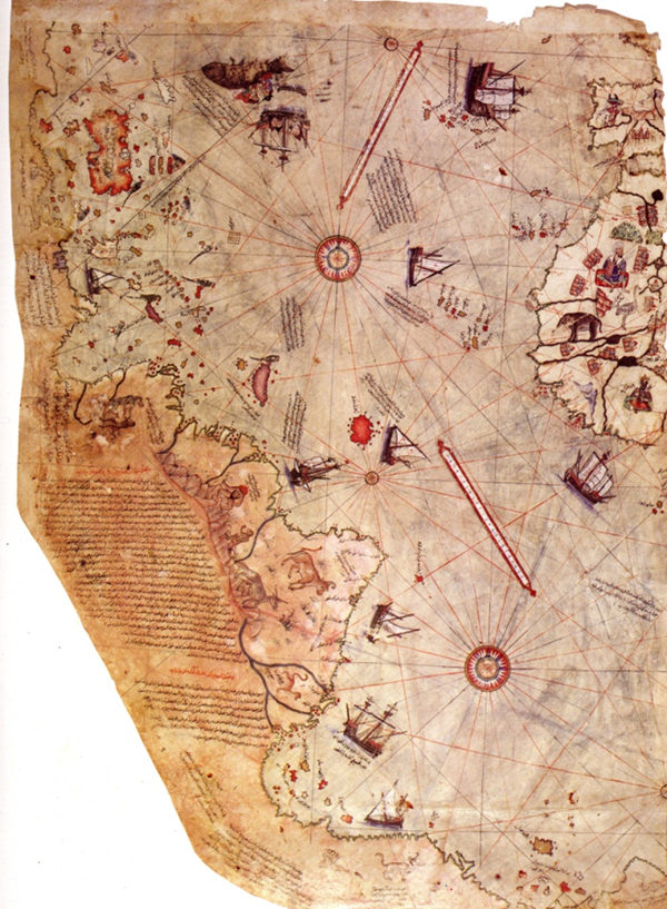 皮尔•里斯地图，由奥斯曼帝国海军上将皮尔•里斯（Piri Reis）在1513年编纂。图：wiki commons