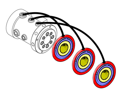 模拟阴道示意图，图中黄色部分为人造阴道硅胶内壁，紫色部分是传感器，红色代表橡胶圈。