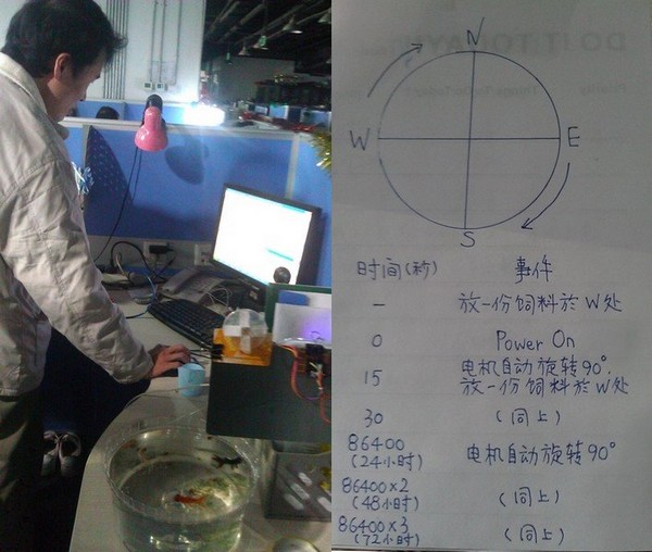 左边为师兄在调试代码,右边是喂鱼机实现功能图示