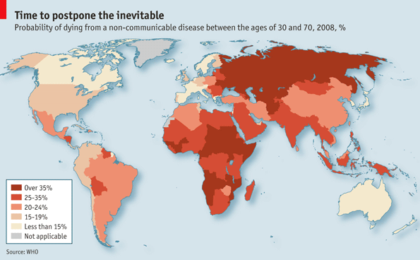 世界各地30-70岁人群非传染病类疾病的死亡率图示，图示资料来自WHO。