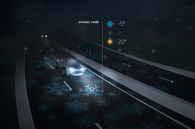 荷兰智能高速公路将采用温度响应动力学涂料，在温度过低时路面上会显示出雪花的图案，提醒人们注意打滑。（图片：wired.co.uk）