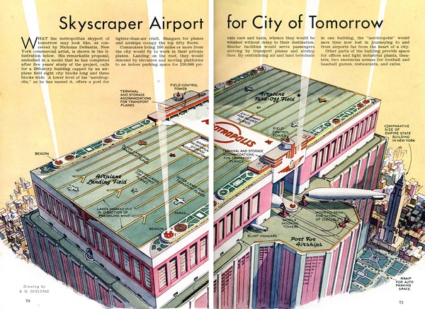 Popular Science 杂志 1939 年 11 月描绘的“明日之城”，飞艇是人们的日常飞行器。（图片：airships.net）