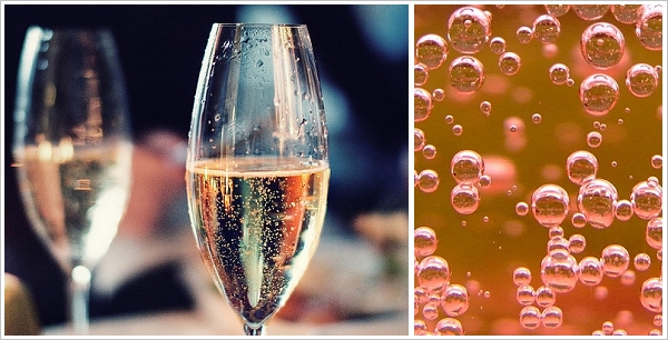生成 |CO2| 气泡的多少以及形成气泡的频率，是优质香槟酒的标志之一。（图片：[左] Scientific American， [右]  Wikipedia）