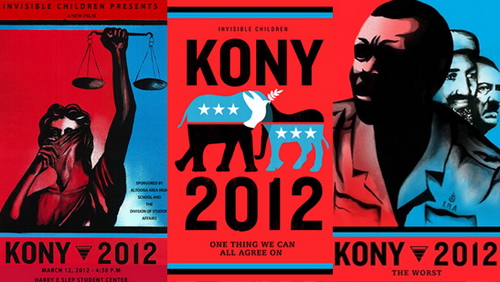 KONY2012的宣传海报。其中代表民主党和共和党的驴象交接在一起。