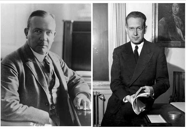 图二：［左］瑞典诗人埃里克 · 阿克塞尔 · 卡尔费尔特。卡尔费尔特在 1918 年获奖时考虑到自己诺委员会成员身份而拒绝领奖。到了 1931 年再次获奖时，他已于当年 4 月去世。诺委会最终把这个奖颁给了他，解释说他在被提名时尚在人世（图片来源：harryjolivet.tumblr.com）［右］瑞典外交官达格 · 哈马舍尔德。时任联合国秘书长的哈马舍尔德在 1961 年前往非洲执行公务的途中因飞机坠毁而身亡。他此前已获得在奥斯陆颁奖的诺贝尔和平奖提名（图片来源：en.wikipedia.org）